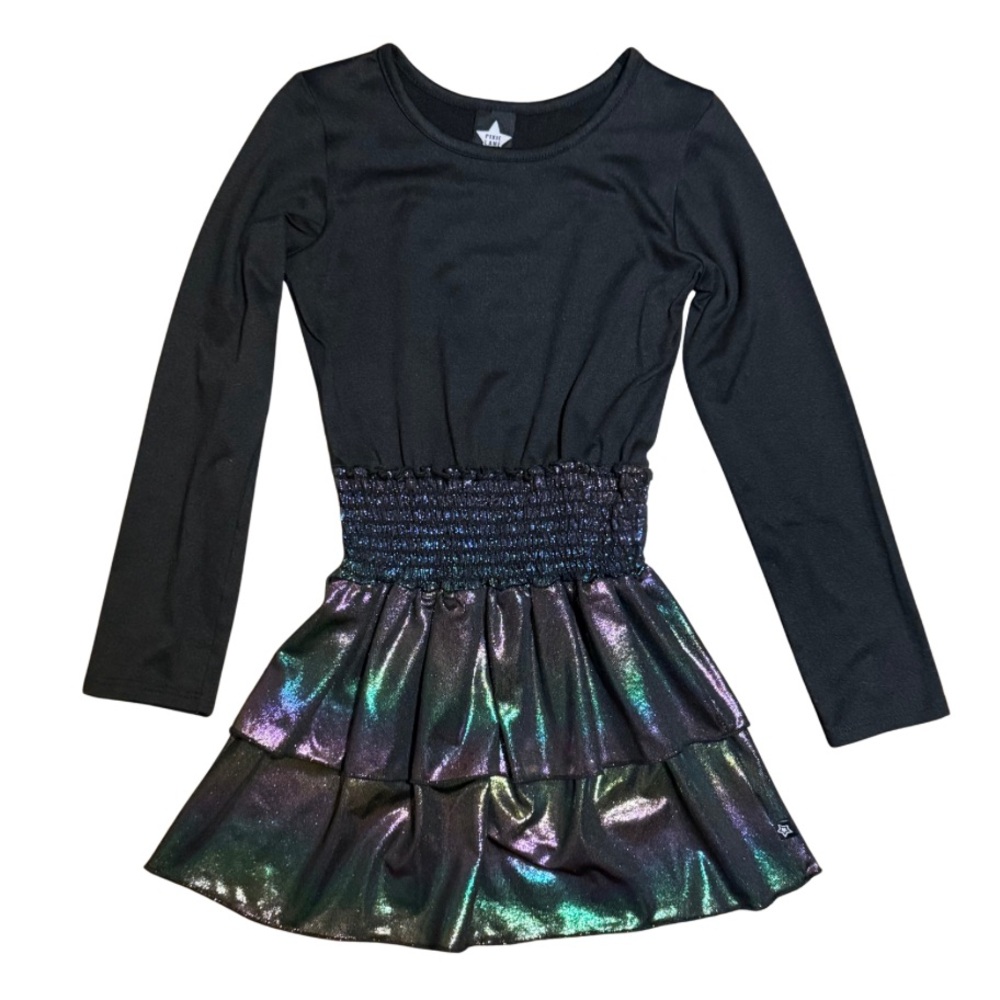 Pixielane Black Smocked Dress with Rainbow Foil skirt Girls size 6 like new